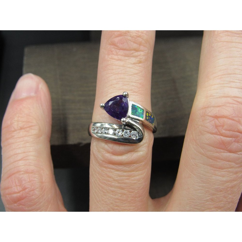 Size 6 Sterling Silver Amethyst With Opal And CZ Accents Band Ring